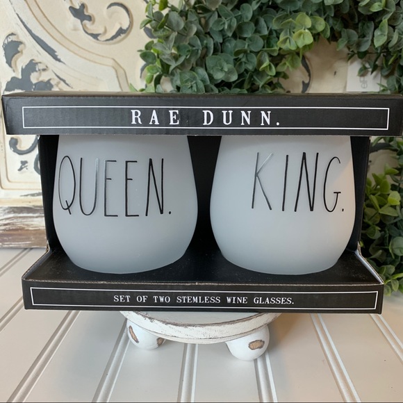 Rae Dunn Other - Rae Dunn QUEEN & KING Stemless Wine Glasses